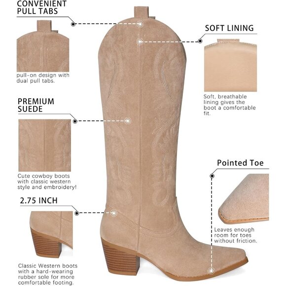 Women's Beige UBWDU Suede Cowboy Knee High Boots Pointed Toe Heel Embroidered - Picture 2 of 6